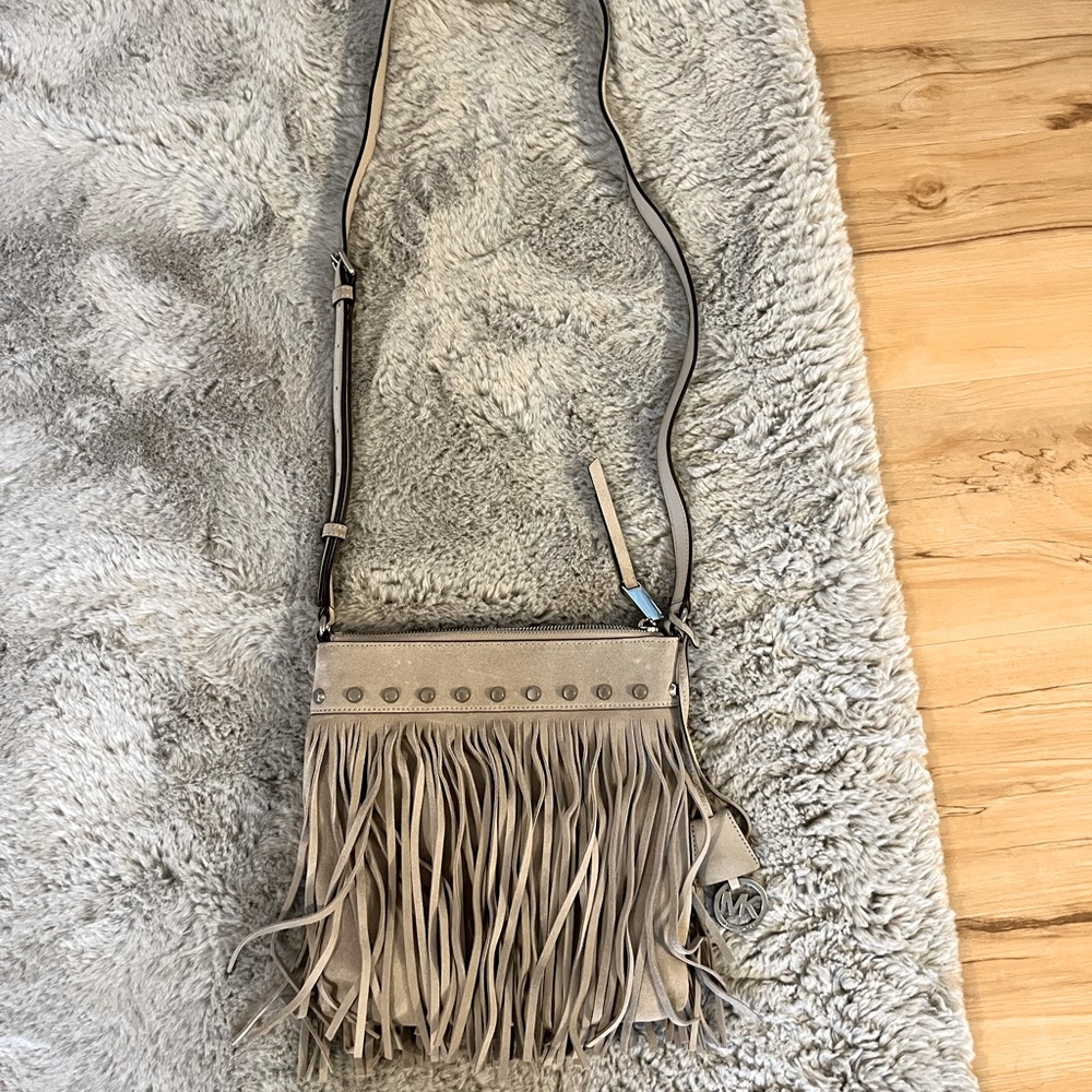 gray suede fringe Michael Kors crossbody bag